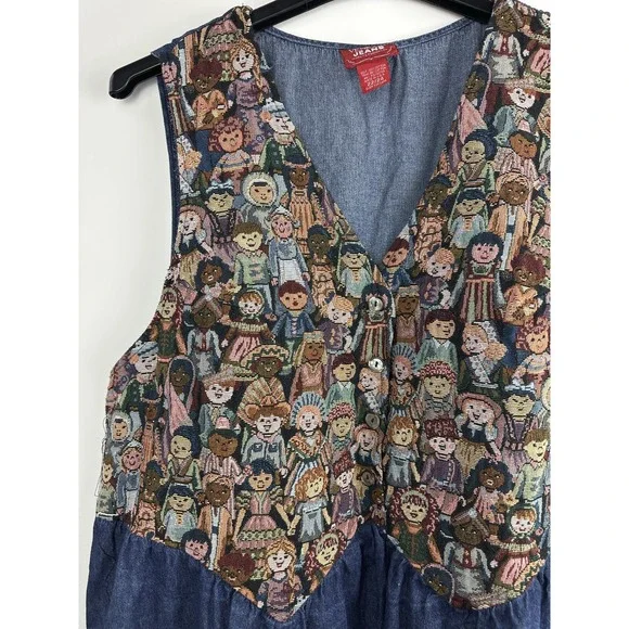 Vtg 90s Venezia Jeans Children Around The World Denim Maxi Dress Plus Size 22/24 - Picture 14 of 16